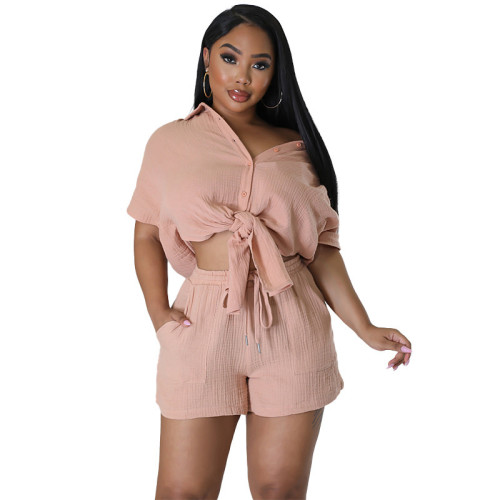 Casual 2PCS Set Solid Color Slit Short Sleeve Shirt + Shorts