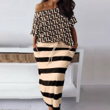 Plus Size Printed 2PCS Set Short Sleeve Top + Long Skirt