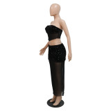 Sexy Sequin Irregular Tube Top with Slit Skirt Mesh Patchwork 2PCS Set