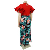 Plus Size Two Piece Set Solid Ruffles Short Sleeve Top + Printed Wide Leg Pants