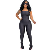 Sexy Solid Strapless Slit Bottom Tight Fit Jumpsuit