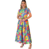 Floral Print Short Sleeve Holiday Maxi Dress