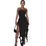 Solid Strapless Mesh Trim Ruffles Slit Sexy Dress