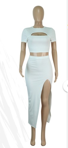 Ribbed Cutout Short Sleeve Crop Top Slit Slim Skirt Sexy 2PCS Set