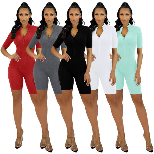 Solid Color Sports Zip Up Short Sleeve Tight Fit Jumpsuit