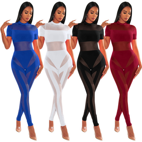 Sexy Mock Neck See-Through Mesh Patchwork Short Sleeve Tight Fit Jumpsuit