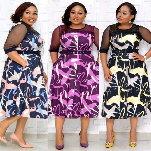 Africa Style Plus Size Round Neck 3/4 Sleeve Mesh Patchwork Print Dress