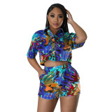 Casual Printed Cropped Blouse and Shorts 2 Piece Set