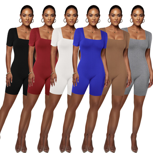 Solid Ladies Short Sleeve Square Neck Ribbed Rompers