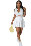 Zipper Polo Neck Top Pleated Skirt Sports Tennis 2PCS Set