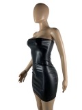 Sexy Black Strapless Pu Leather Bodycon Dress
