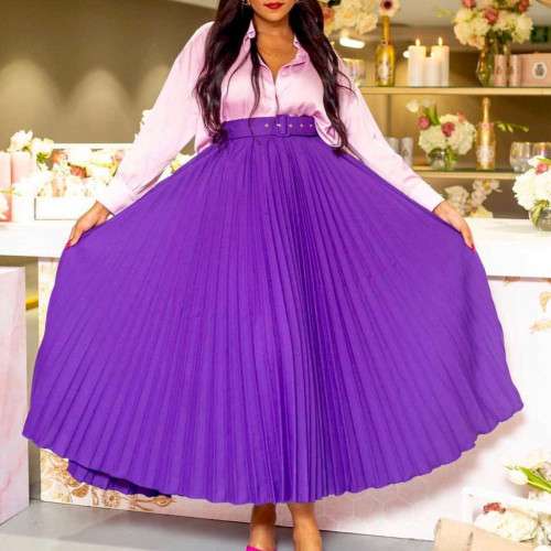 Solid High Waisted Long Pleated Skirt with Belt