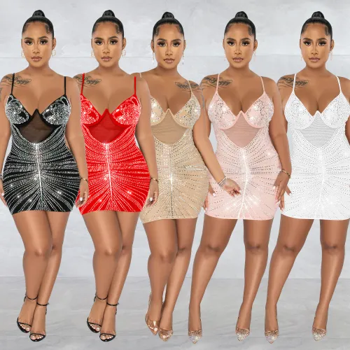Sexy Trendy Rhinestone Mesh Cami Sleeveless Club Dress