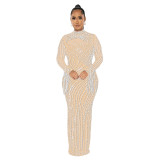 Rhinestone Beaded Mesh See-Through Long Sleeve Maxi Dress & Bodysuit 2PCS Set