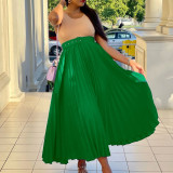 Solid High Waisted Long Pleated Skirt with Belt