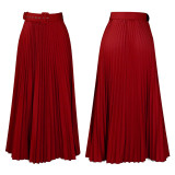 Solid High Waisted Long Pleated Skirt with Belt