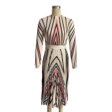 Geometric Print Full Sleeve Pleated Long Dress