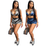 Sexy 2PCS Set O-ring Hollow Out Bra Top and Zip Shorts