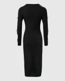 Rhinestone Bow Trim Hollow Out Long Sleeve Bodycon Dress