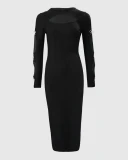 Rhinestone Bow Trim Hollow Out Long Sleeve Bodycon Dress