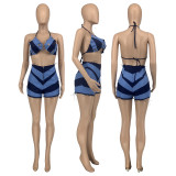 Sexy 2PCS Set O-ring Hollow Out Bra Top and Zip Shorts