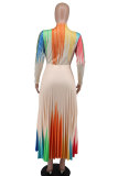 Print Long Sleeve Fashion Pleated Dress