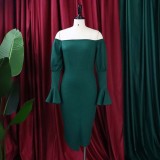Plus Size Dark  Green Off Shoulder Flare Long Sleeve Irregular Midi Dress