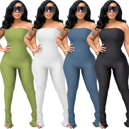 Sexy Solid Strapless Slit Bottom Tight Fit Jumpsuit
