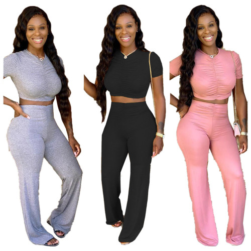 Wholesale Ruched Short Sleeve Crop Top and Flare Pants 2PCS Set