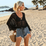 Sexy Beach Lace-Up Cover-Up Hollow Long Sleeve Sun Protection Holiday Top