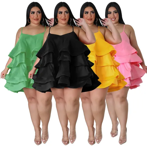 Sexy Sleeveless Ruffles Adjustable Strap Plus Size Layered Dress for Women