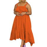 Plus Size Solid Straps Ruffles Loose Dress
