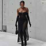 See Through Halter Mesh Jumpsuit and Slit Long Skirt 2PCS Set with Gloves