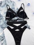 Ribbed Hollow Out Sexy Solid Bikini Set