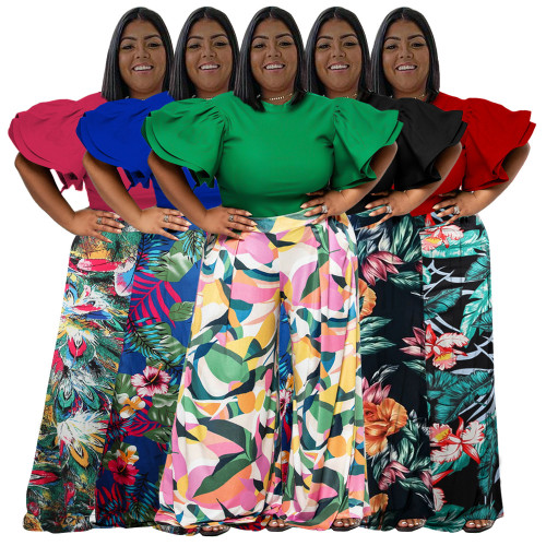 Plus Size Two Piece Set Solid Ruffles Short Sleeve Top + Printed Wide Leg Pants