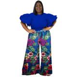 Plus Size Two Piece Set Solid Ruffles Short Sleeve Top + Printed Wide Leg Pants