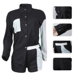 Fashion 2PCS Set Colorblock Patchwork Pocket Long Sleeve Blouse and Shorts
