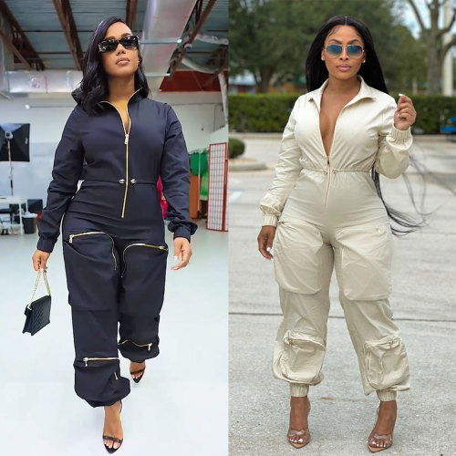 Solid Gathered Waist Zipper Pocket Long Sleeve Casual Cargo Jumpsuit