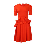 Solid Short Sleeve Bow Trim A-Line Dress