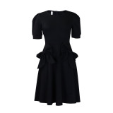 Solid Short Sleeve Bow Trim A-Line Dress