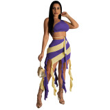 Contrast Color Trendy 2PCS Set One Shoulder Lace-Up Crop Top Tassels Skirt