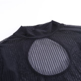 Black Midi Neck See-Through Mesh Long Sleeve Bodysuit