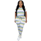 Striped Print Two-Piece Set Round Neck Short Sleeve Tee Top + Pants