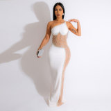 Sexy Rhinestone Beaded See-Through Mesh Patchwork One Shoulder Maxi Dress