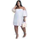 Plus Size Chiffon Pufff Sleeve Off Shoulder Loose Pleated Dress