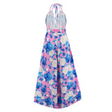 Sexy Floral Deep V Neck Halter Backless Summer Maxi Dress