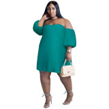Plus Size Chiffon Pufff Sleeve Off Shoulder Loose Pleated Dress