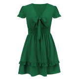 Sexy Tie Front Ruffles Short Sleeve Solid Short Casual Dress