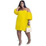 Plus Size Chiffon Pufff Sleeve Off Shoulder Loose Pleated Dress