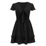 Sexy Tie Front Ruffles Short Sleeve Solid Short Casual Dress